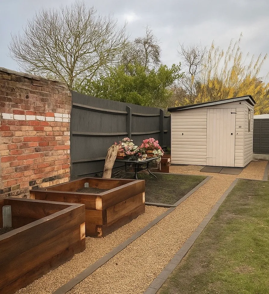 Landscaped garden with raised beds and decking