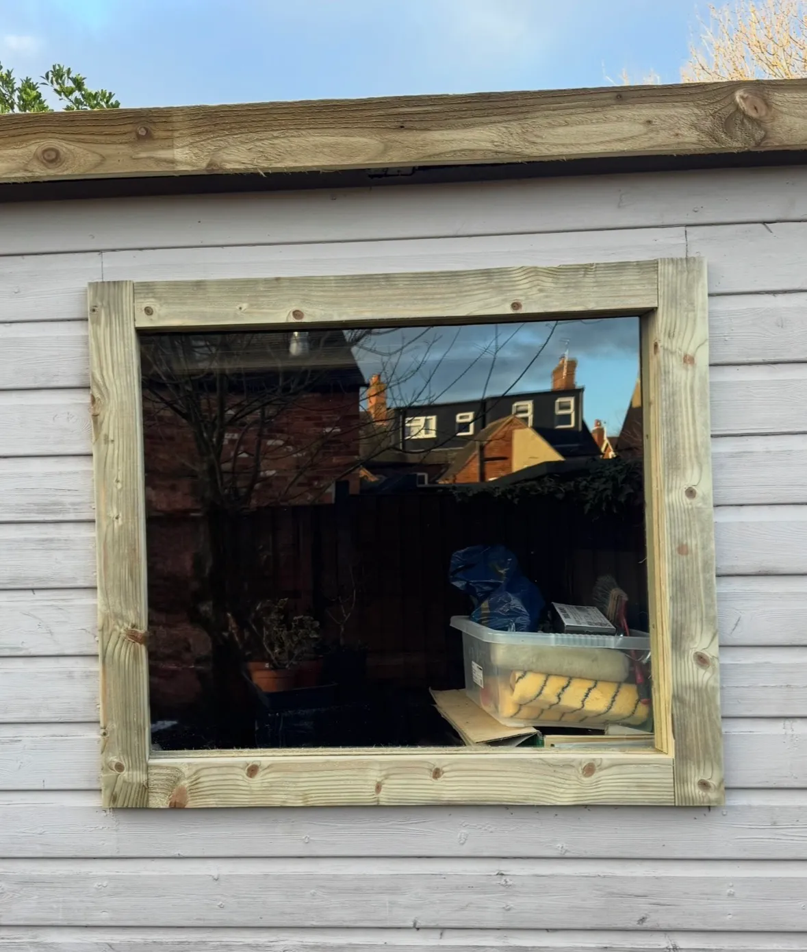 Hand-built replacement window fitted to a garden building in Ashby