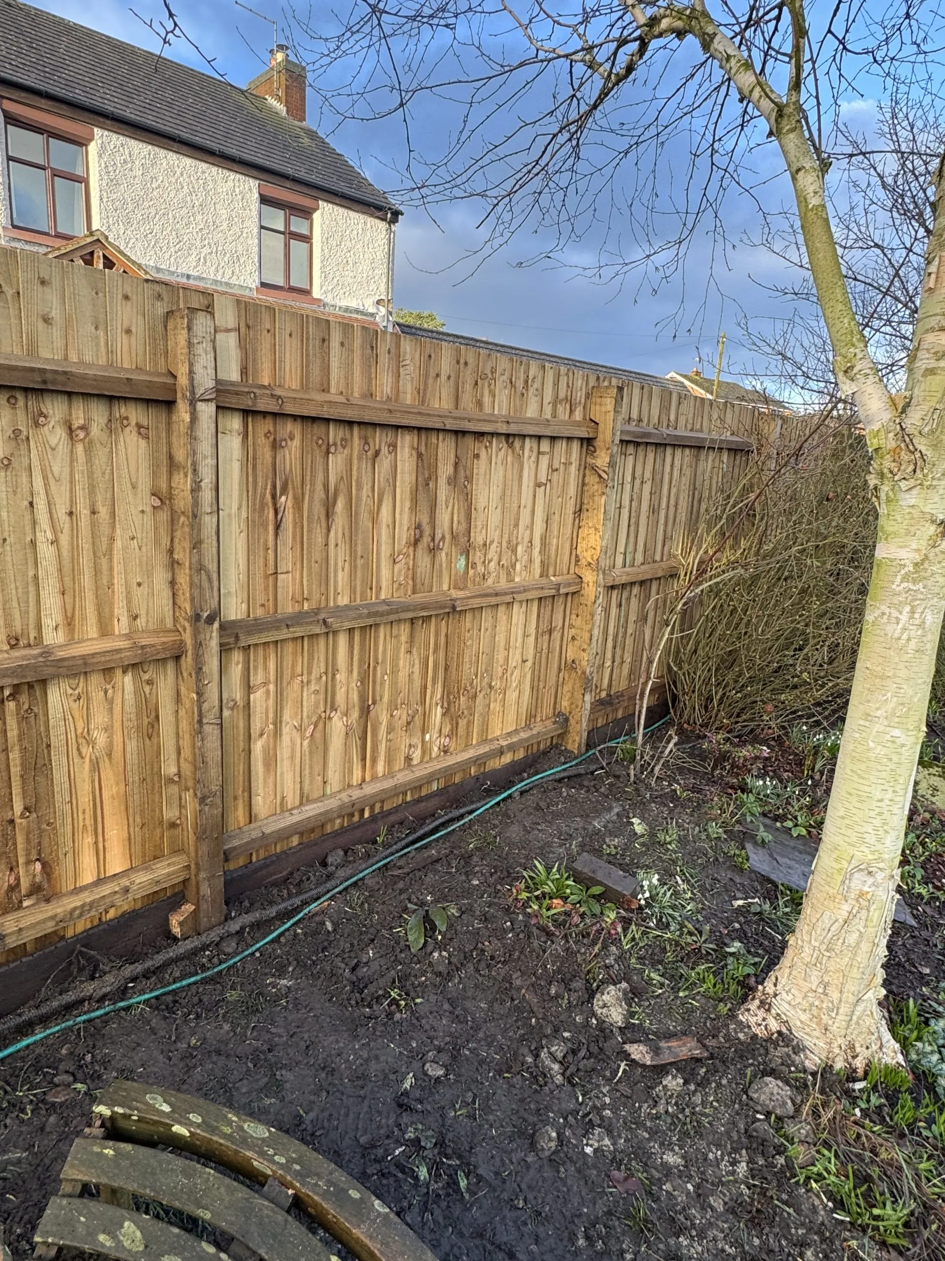 Repaired feather edge fence with new timber posts