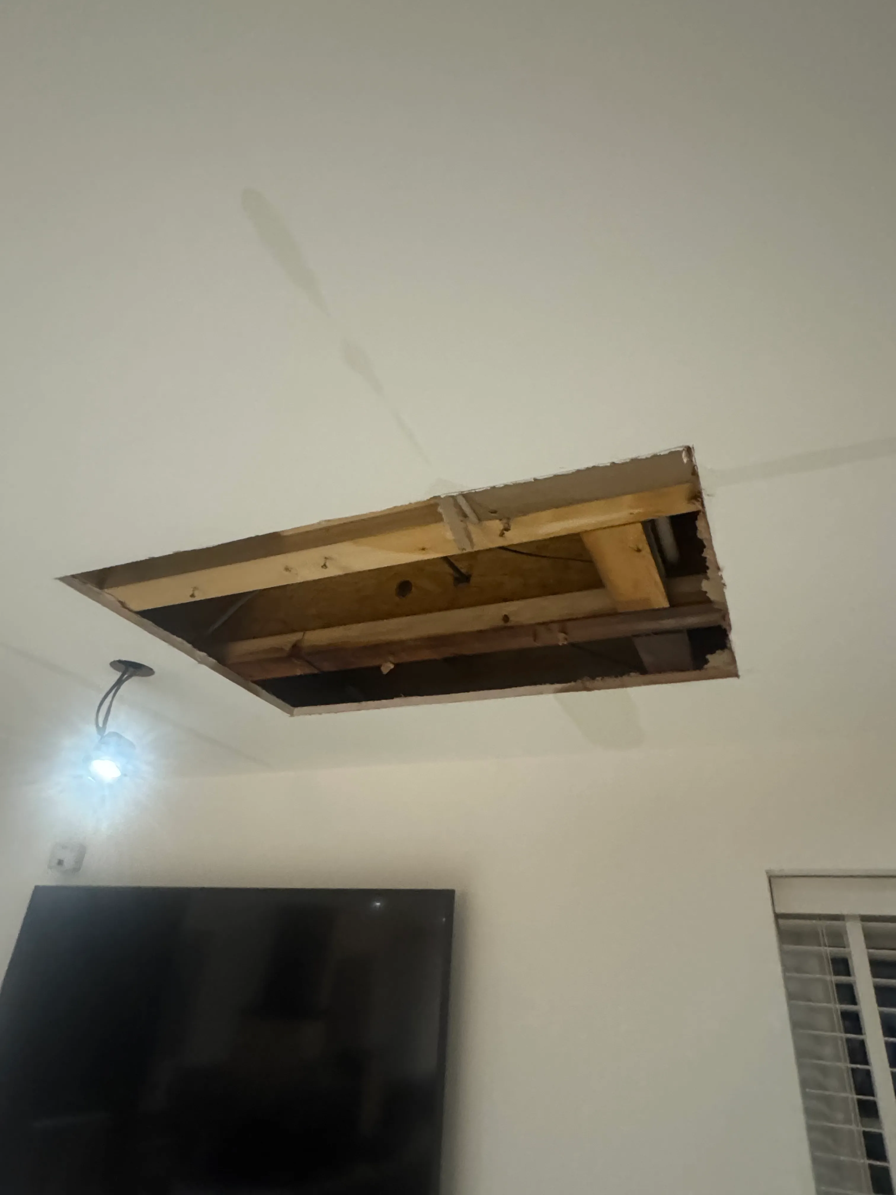 Kitchen ceiling opened up to trace the source of a leak